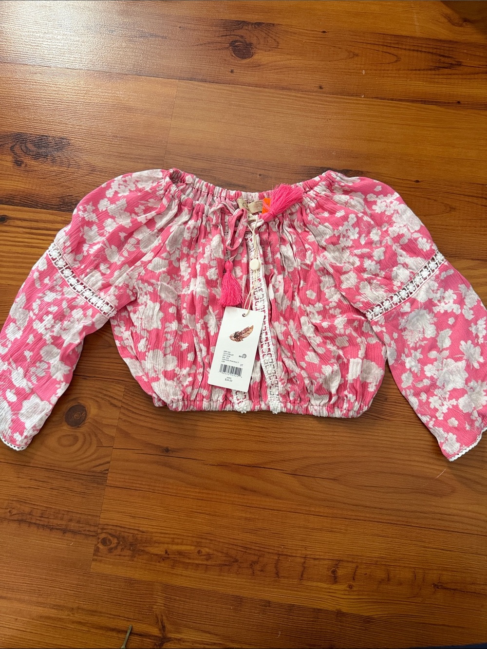 NWT Girls Pink Floral Peasant Top with Tassel Tie